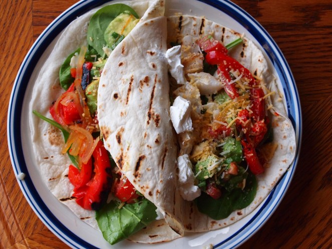 Assemble! We added a little bit of greek yogurt, spinach, cheddar, and avocado.